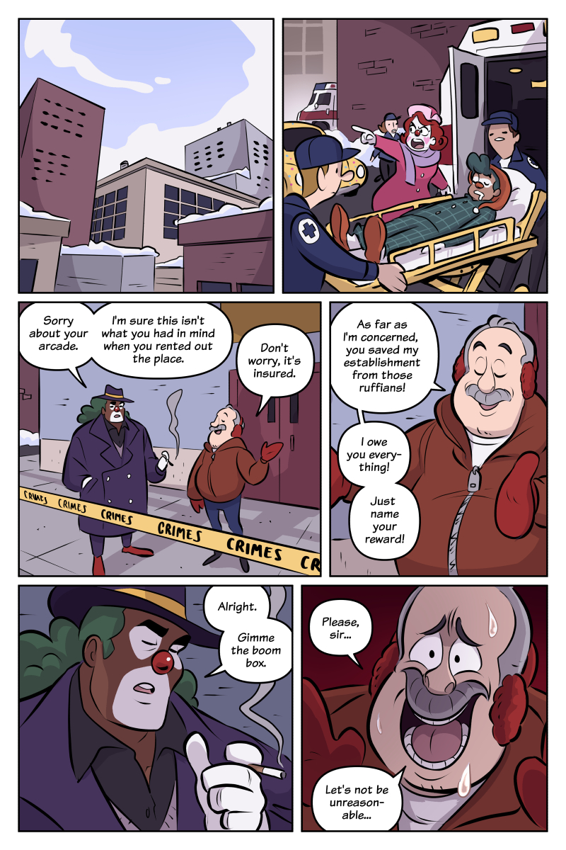 The setup for the boom box joke is on page 61 of this chapter, posted roughly one year ago. I can't stand webcomics